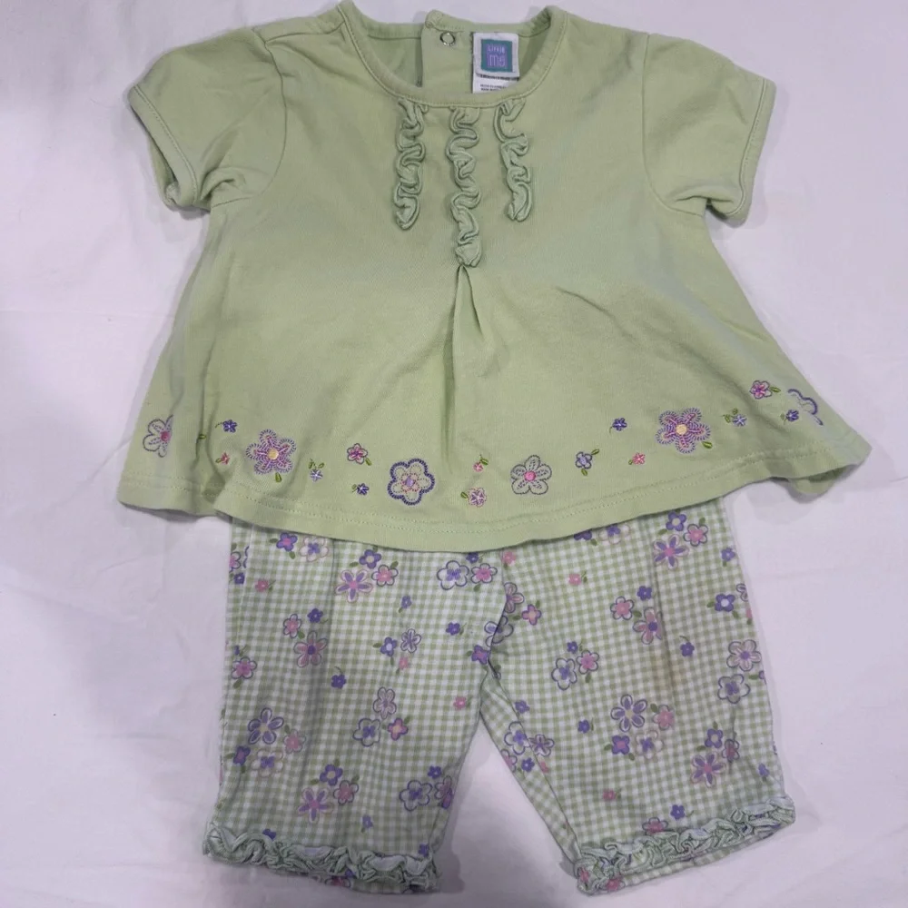 Y2K Little Me Green and Purple Floral & Gingham Pants Set Size 9 Months